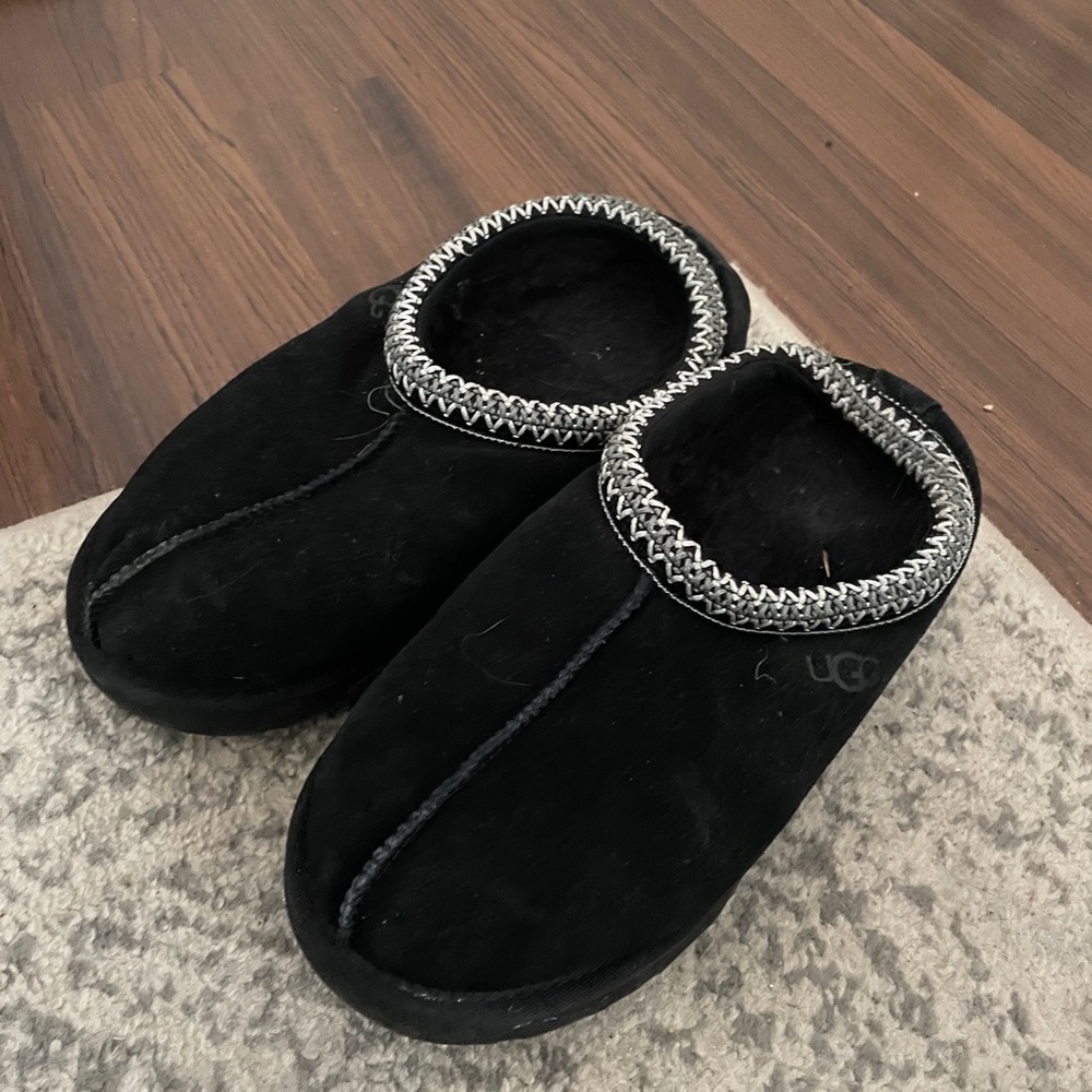 UGG Black Suede Slippers with Knit Trim